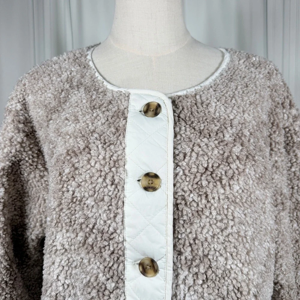 Lucky Brand Faux Shearling Jacket Neutral Multi Taupe Quilted Trim Button L